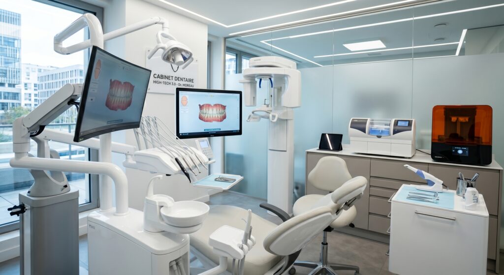 Couronne dentaire en zircone monolithique tenue par un dentiste dans un cabinet moderne équipé d'une fraiseuse CFAO
