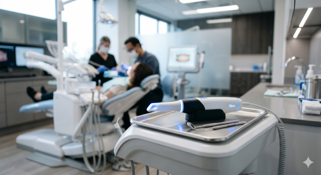 Dentiste utilisant un scanner intra-oral sans fil sur un patient, avec le modèle numérique 3D de la dentition affiché en temps réel sur un écran
