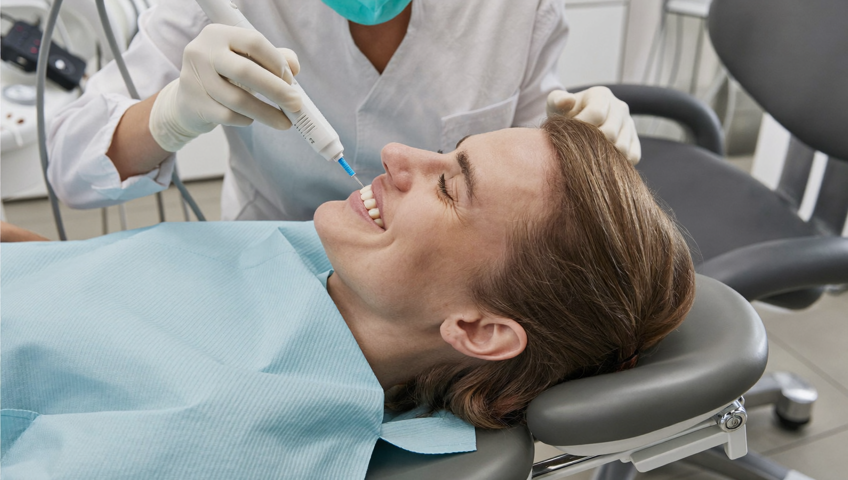 Praticien réalisant une irrigation endodontique activée par ultrasons sur un patient détendu dans un cabinet dentaire moderne