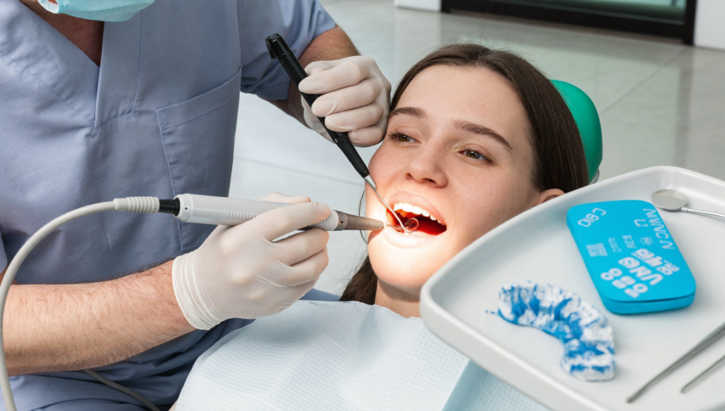 chirurgien-dentiste appliquant la thérapie photodynamique endodontie avec une fibre optique laser dans un canal radiculaire